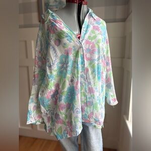 Sigrid Olsen Pastel Floral Button-Front Blouse in Pink, Blue & Green XXL